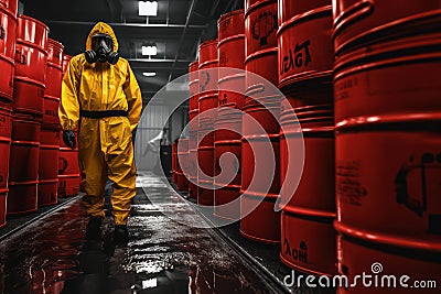 Man yellow science waste safety equipment industrial dangerous barrel technician mask toxic hazard protective Stock Photo