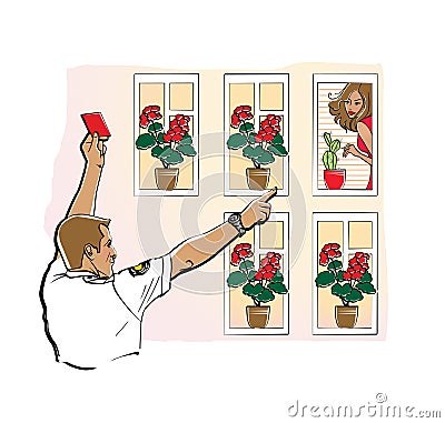 Man in a uniform shirt shows a red card to a girl in a window. Incorrect flowers. Point out a violation Stock Photo