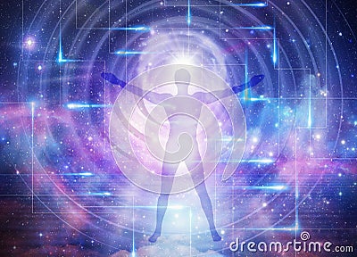 Man universe, meditation, healing, human body energy beams Stock Photo