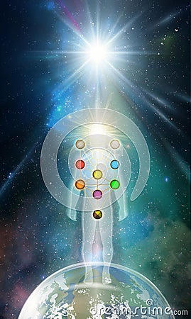 Man universe, meditation, healing, human body energy, Kabbalah tree of life Stock Photo