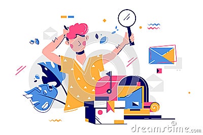 Man unpacking post delivery with magnifying glass Cartoon Illustration