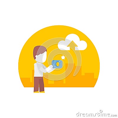 Man uploads pictures online, during shooting. flat Vector Illustration