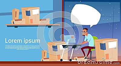 Man Use Computer Work On Delivery Service Package Post Boxes Banner Copy Space Vector Illustration