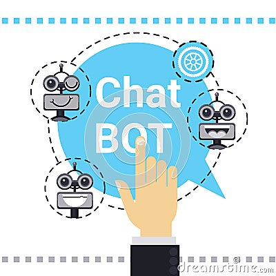 Man Use Free Chat Bot, Robot Virtual Assistance Element Of Website Or Mobile Applications, Artificial Intelligence Vector Illustration