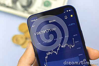 Man use smartphone for checking BTC bitcoin cryptocurrency chart, trade concept background Editorial Stock Photo