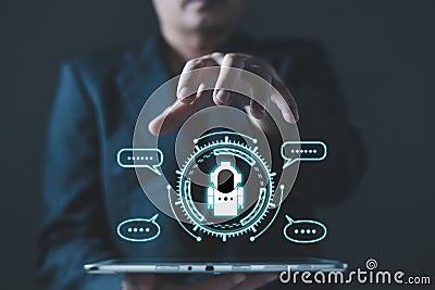man use tablet command prompt ai chat. Big data storage. Stock Photo