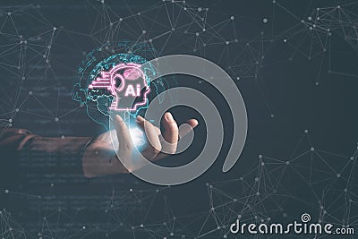 man use tablet command prompt ai chat. Big data storage. Stock Photo