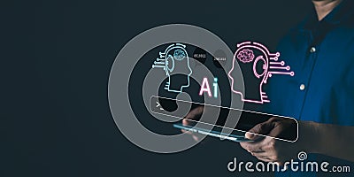 man use tablet command prompt ai chat. Big data storage. Stock Photo