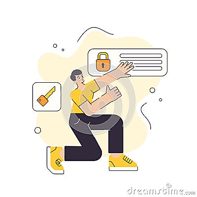 Man user developer cyberspace web access security code with padlock and key vector flat illustration Vector Illustration