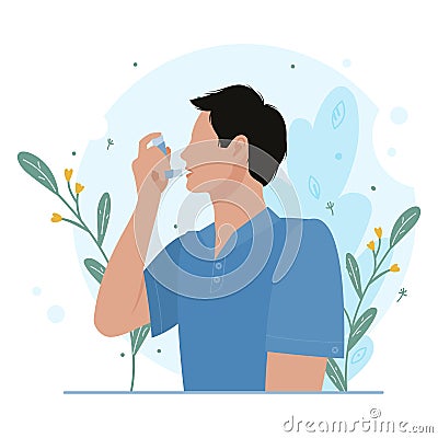 Man uses asthma inhaler against allergic attack Vector Illustration