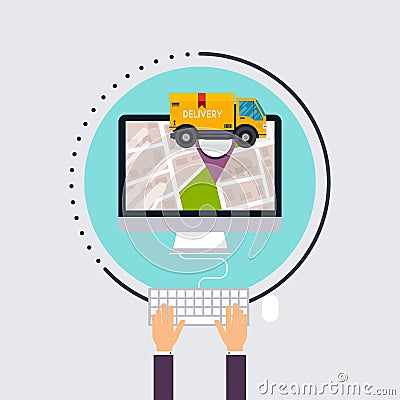 Man uses computer with app delivery tracking. Vector modern flat Vector Illustration