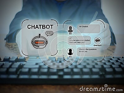 A man uses a digital chatbot computer program to conduct an online chat conversation and provide information on the internet Stock Photo