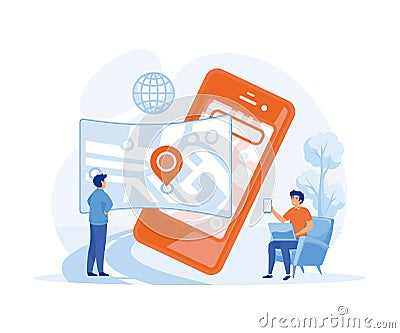 Man uses GPS navigator scene. Navigate mapping technology, Vector Illustration