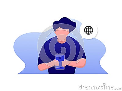 Man uses his handphone or smartphone, browsing web illustration concept, front view, vector flat style Vector Illustration