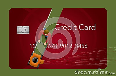 A man uses his lawn mower to cut up a huge credit card. Stock Photo