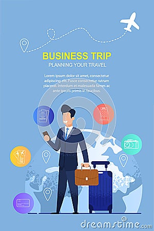 Man Uses a Mobile Application for Business Trip Vector Illustration