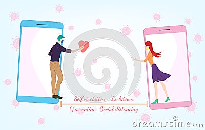 Man uses a smartphone sending love during corona virus crisis Vector Illustration