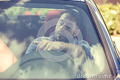 Man using cell phone texting while driving. Reckless driver concept Stock Photo