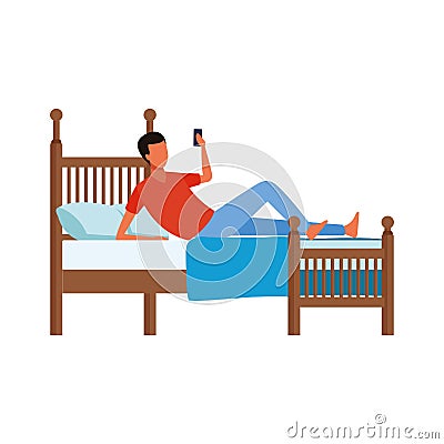 Man using a cellphone lying in bed Vector Illustration