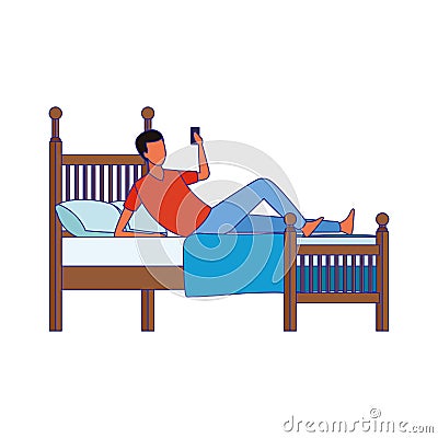 Man using a cellphone lying in bed Vector Illustration