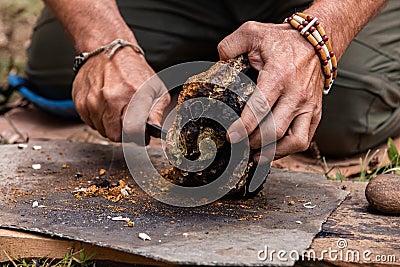 Man using chaga mushroom to keep fire alive Stock Photo