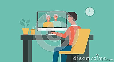 Man using computer at home and video calling to his family Vector Illustration