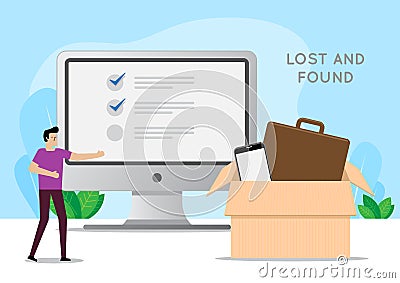 Man using computer to look for lost and found Vector Illustration