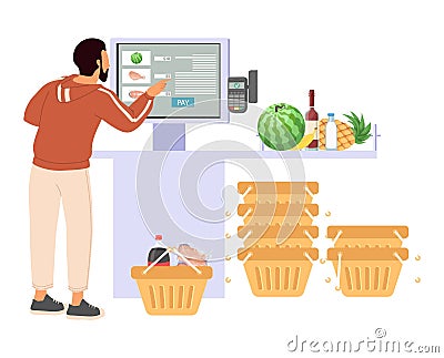 Man using contactless self-service shop store kiosk Vector Illustration