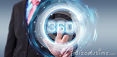 Man using 360 degree virtual reality neon interface 3D rendering Stock Photo