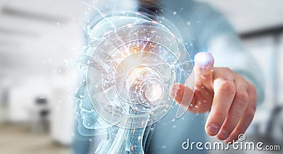 Man using digital artificial intelligence holographic projection 3D rendering Stock Photo