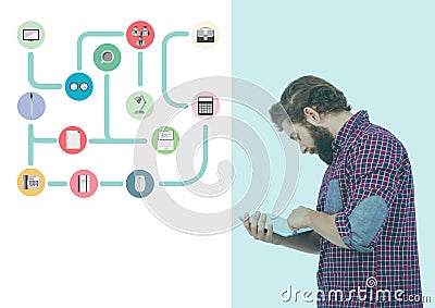 Man using digital tablet and various applications icon Stock Photo