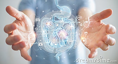 Man using digital x-ray of human intestine holographic scan projection 3D rendering Stock Photo