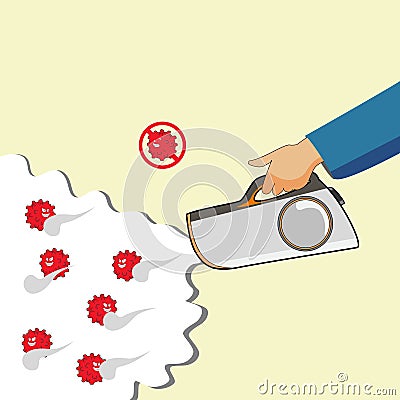 A man using fogging machine sanitising eliminates bacteria, viruses, microbes, mold and more. Vector illustration. Vector Illustration