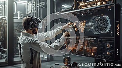 Man using futuristic virtual reality headset in high-tech laboratory with interactive digital map display on large screen Stock Photo