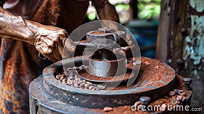 A man using a handcranked machine to grind cocoa beans into a dark velvety chocolate paste Stock Photo