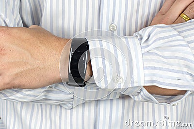 Man using his smart watch app. Close up of hands and fancy luxury watch for men Stock Photo