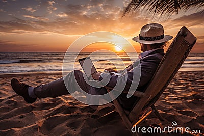 Man using laptop on the beach at sunset. Vacation concept, man lying on the sand of the beach with a laptop working at sunset over Stock Photo