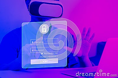 Man using laptop computer modern metaverse login password touchscreen virtual screen concept technology Stock Photo