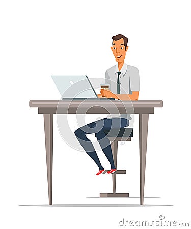 Man using laptop and drinking coffee illustration Vector Illustration