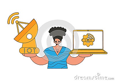 Man using laptop plus satellite dish for accessing the "Internet of Things". Vector Illustration