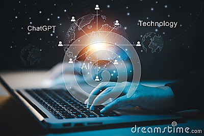 Man using Laptop or Smartphone With ChatGPT Chat with AI, Artificial Intelligence,System Editorial Stock Photo