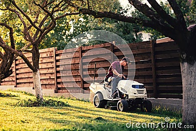 Man using lawn tractor for mowing grass. Landscaping works with professional tools Stock Photo