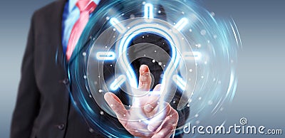 Man using lightbulb neon digital interface 3D rendering Stock Photo