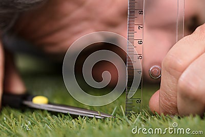 Man Using Measuring Scale While Cutting Grass Stock Photo