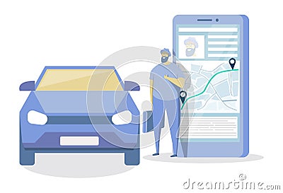 Man using mobile app for carpooling, ordering auto for share or rent. Online car sharing, car rental services, vector. Vector Illustration