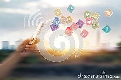 Man using mobile payments for online shopping and icon customer Stock Photo