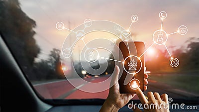 Man using mobile smartphone with icon, processing network Stock Photo