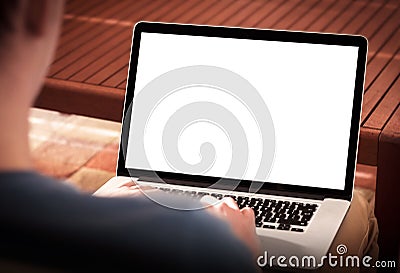 Man using notebook with blank screen. Stock Photo