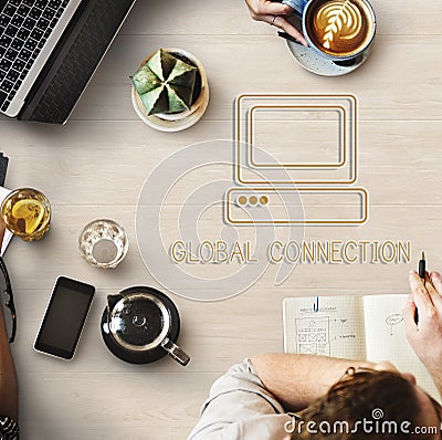 A man using notebook for global connection Stock Photo