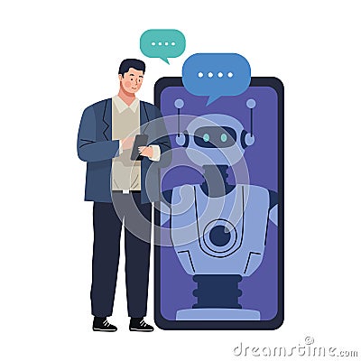 man using phone chatting with virtual robot Vector Illustration